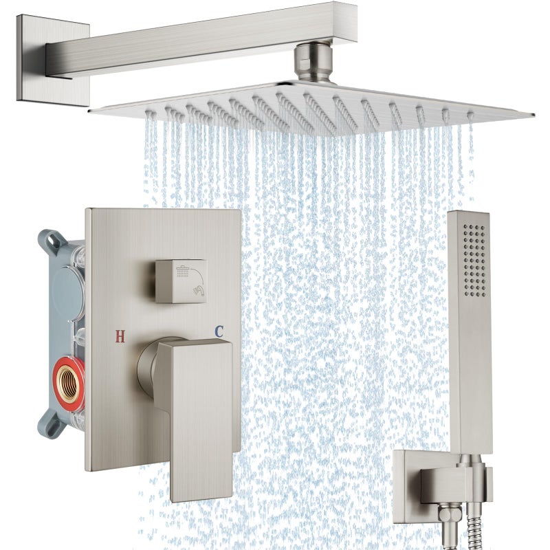 Midanya Shower Faucet Set,Wall Mount Shower System with Square Rain Shower Head and Hand Sprayer, Rough-in Valve Body and Trim Kit Included,10 Inch,Brushed Nickel - Image 1